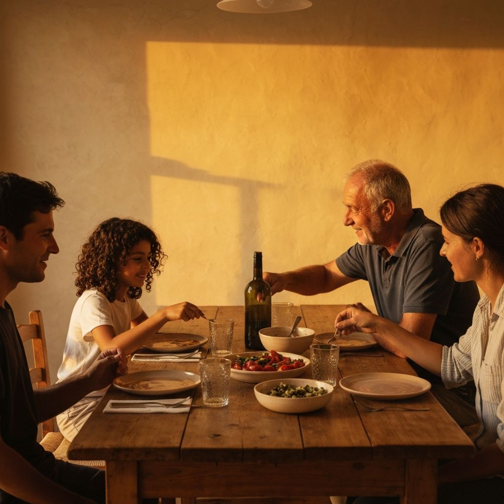 Večera s obitelji i prijateljima oko stola, topla atmosfera i smijeh